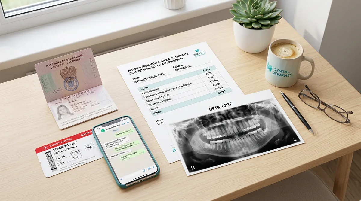 планирование All-on-4 имплантации в Стамбуле — план лечения снимки и документы на столе