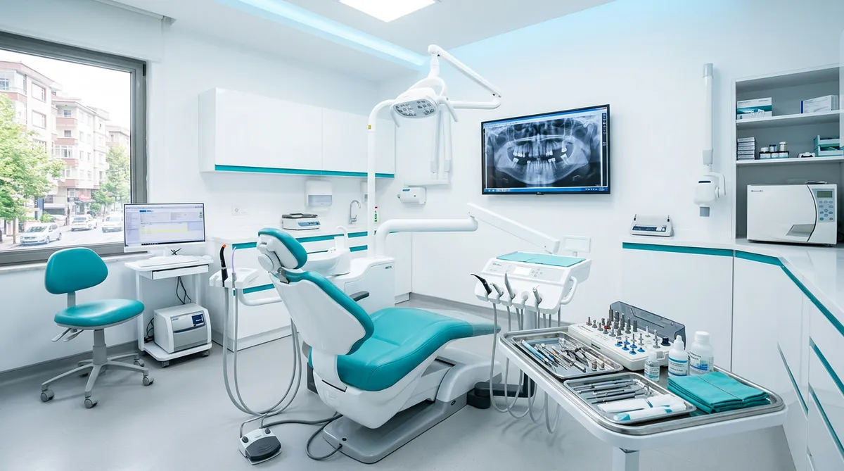 modern dental implant surgery room in Istanbul Turkey clinic with OPG scan on screen