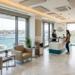 Modern dental clinic waiting room in Istanbul Turkey with Bosphorus view showing safe clean environment for dental tourism