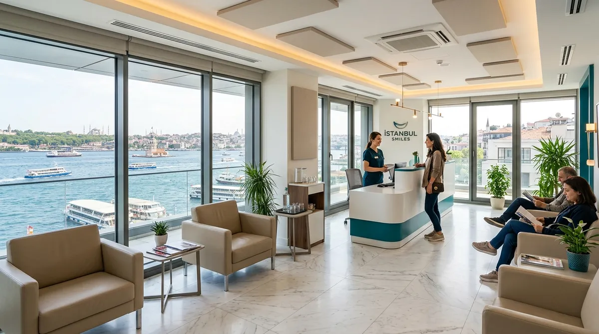 Modern dental clinic waiting room in Istanbul Turkey with Bosphorus view showing safe clean environment for dental tourism