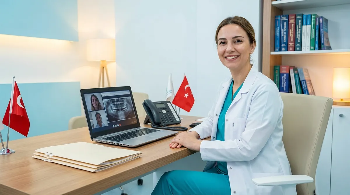 Patient coordinator providing post-treatment video consultation for dental tourism Turkey safety follow-up