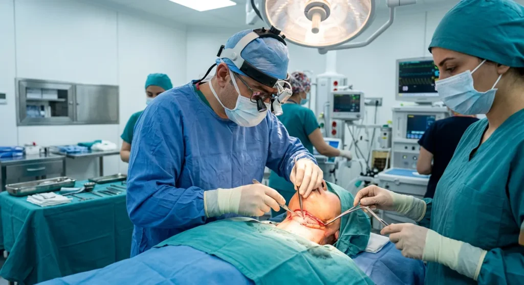 Surgeon performing neck lift contouring procedure