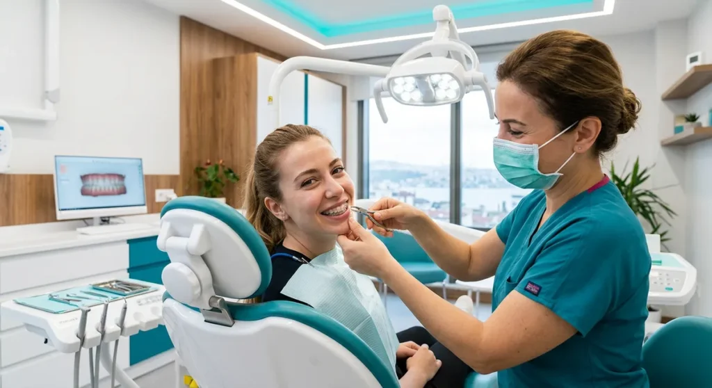 Orthodontic braces adjustment at dental clinic