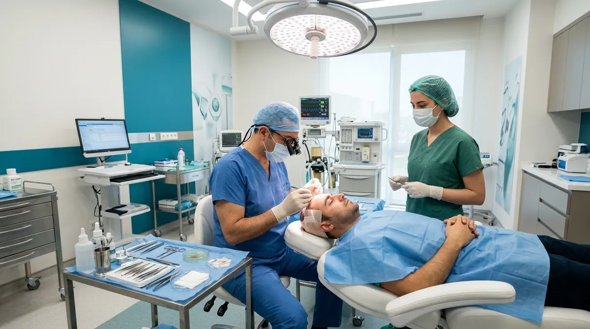 FUE hair transplant surgery in progress at a modern Istanbul clinic with surgeon using magnifying loupes