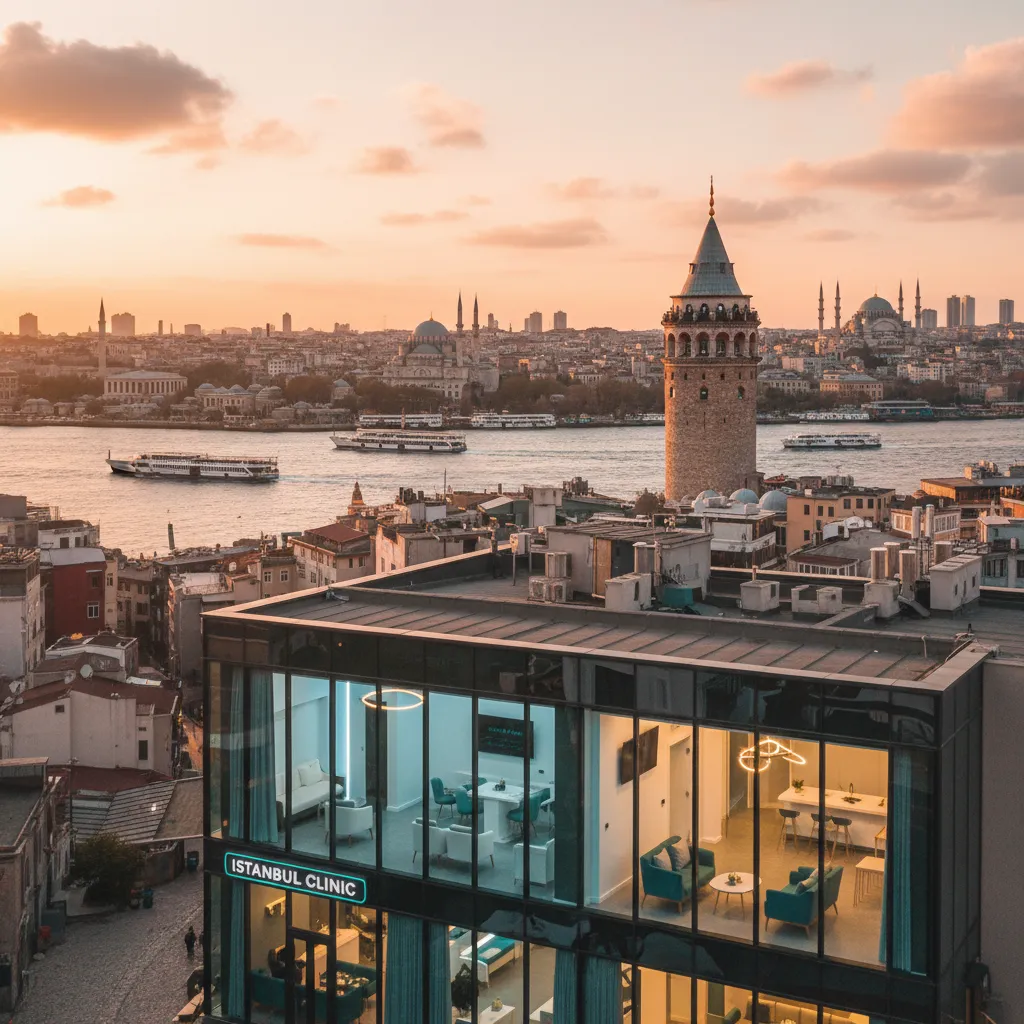 Istanbul skyline at golden hour with modern medical clinic building