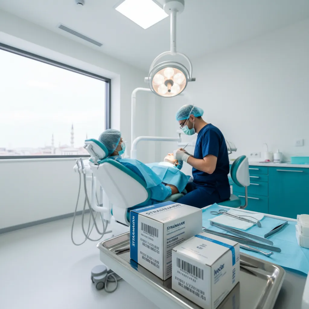 Modern Istanbul dental clinic with Straumann and Ivoclar materials visible on tray