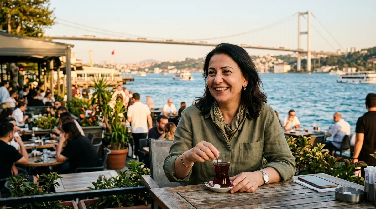 International patient enjoying Turkish tea at Bebek waterfront cafe in Istanbul