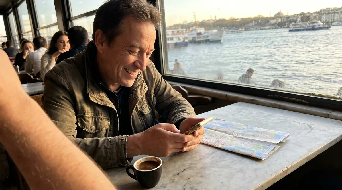 dental implant patient smiling in an Istanbul cafe after treatment in Turkey