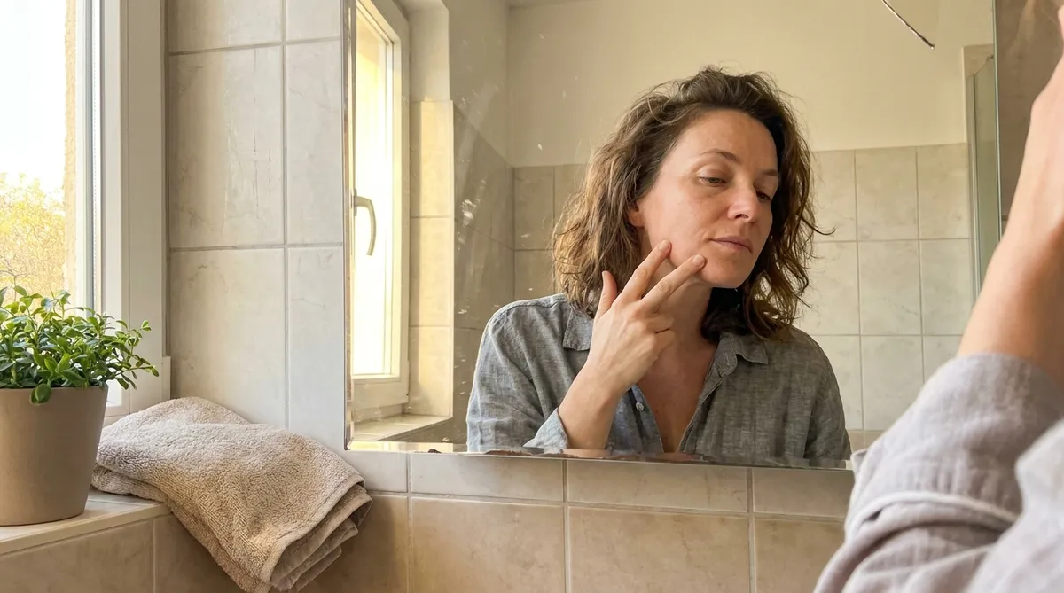 Woman in her late forties checking her jawline in the mirror after HIFU face lifting in Istanbul