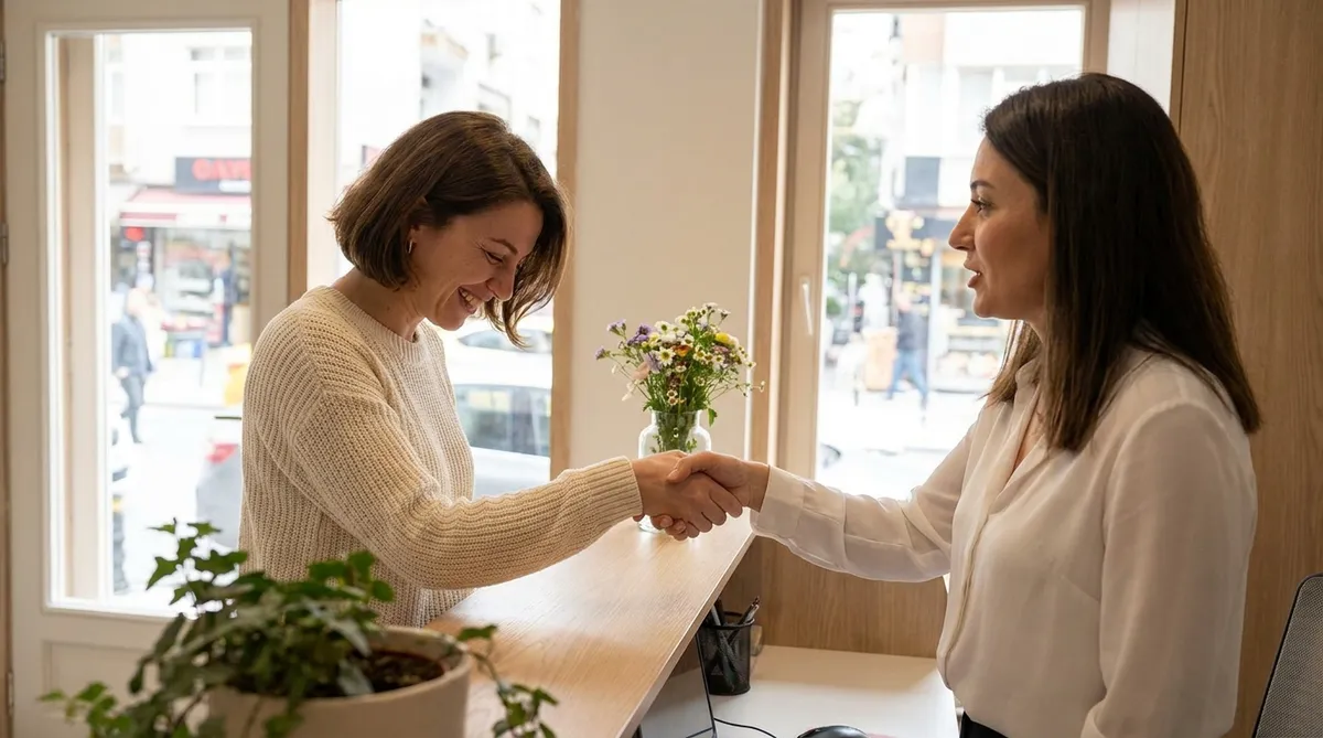 Patient and coordinator talking in a bright Istanbul aesthetic clinic reception after a HIFU consultation