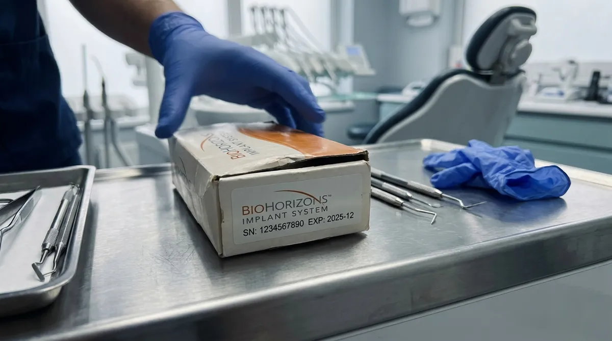 Dental implant packaging with visible brand name and serial number on an Istanbul clinic counter