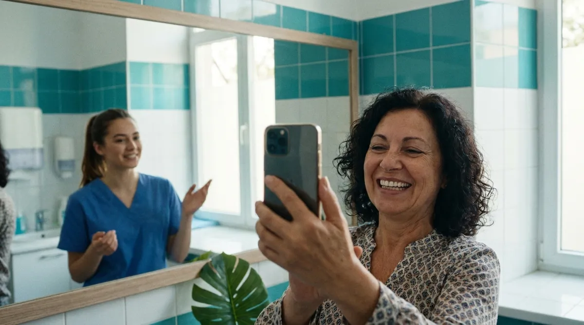 Patient photographing her new smile in an Istanbul dental clinic mirror