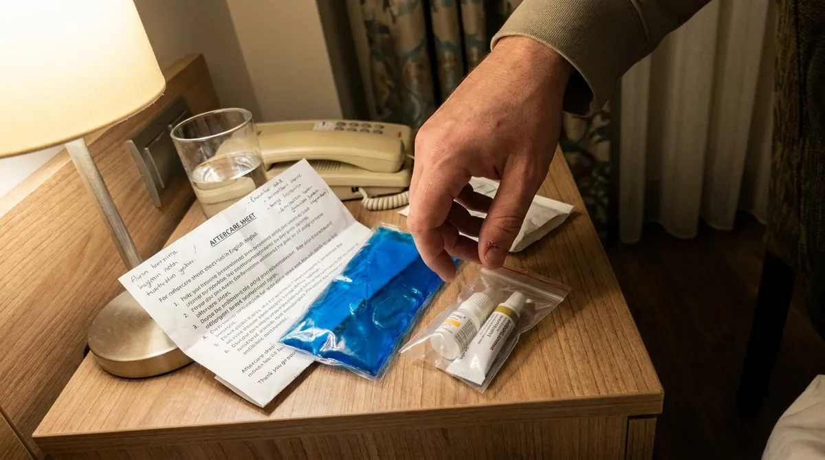 Aftercare kit for canthoplasty recovery in Istanbul, eye drops and cold pack on a hotel bedside table