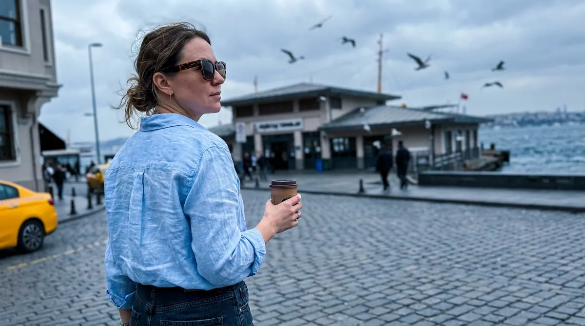 Patient walking in Istanbul one week after canthoplasty, sunglasses covering residual bruising