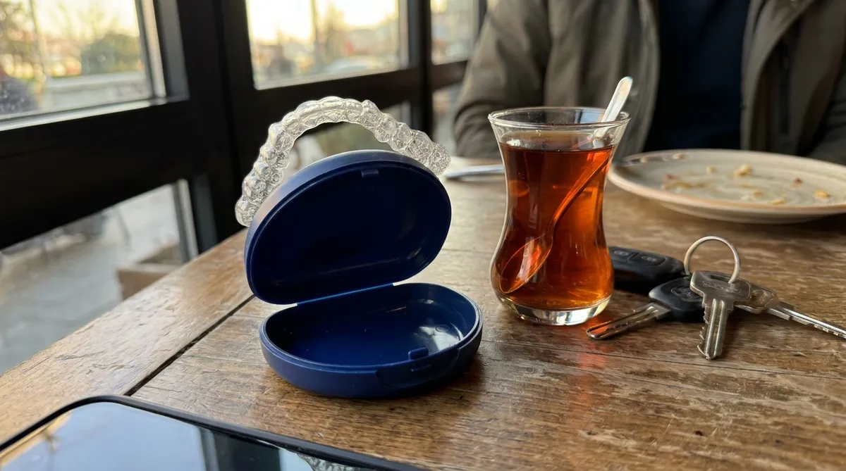 Invisalign clear aligner tray and case on a café table in Istanbul