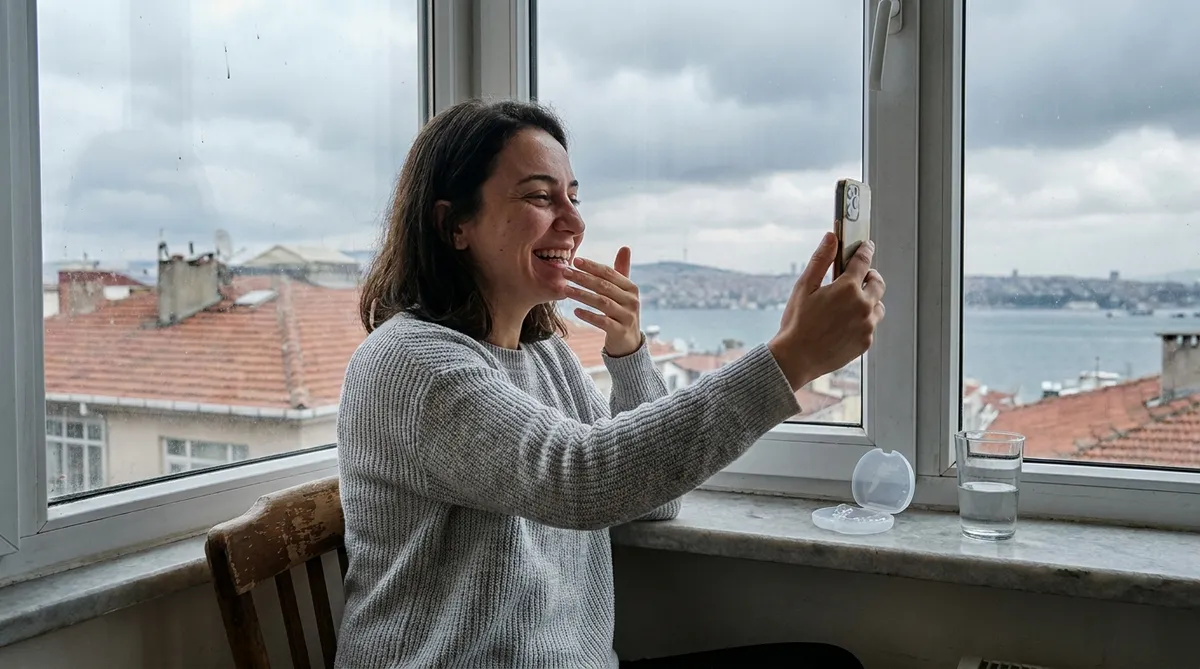 Aligner patient taking a WhatsApp progress photo of her teeth in Istanbul