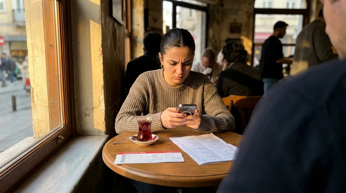 Patient comparing braces prices in Istanbul on her phone at a café