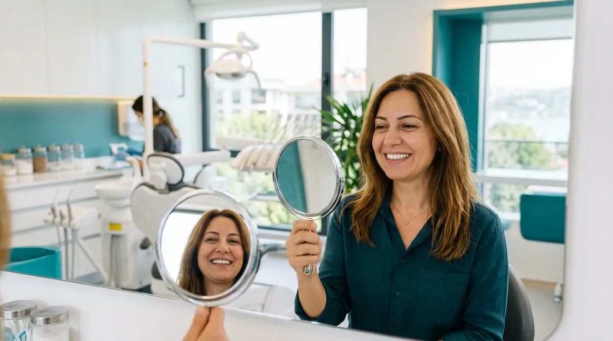 Patient checking her new Hollywood smile veneers in a mirror at an Istanbul dental clinic
