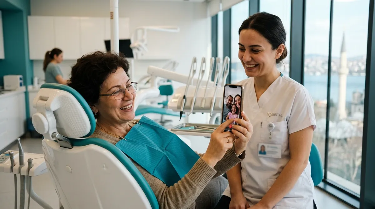 Patient on a video call with family from the dental chair after getting her Hollywood smile in Istanbul